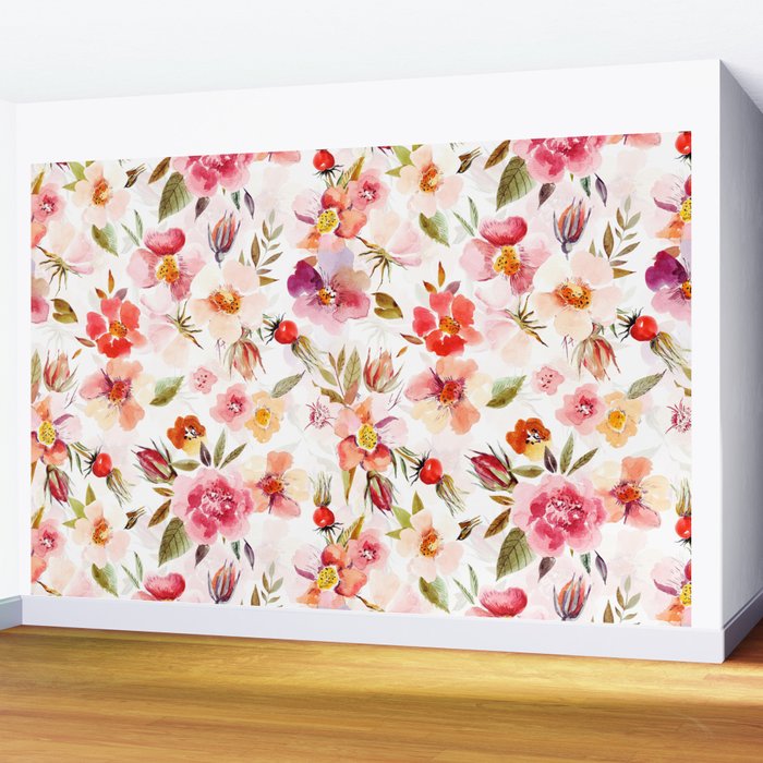 Hygge Watercolor Midsummer Dogroses Pattern  Wall Mural Gallery Image 2