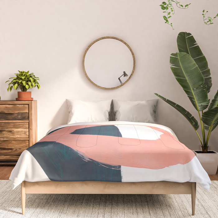 Mid Century Modern Abstract Minimalist Shapes Teal Blue Salmon Pink Comforter Gallery Image 3