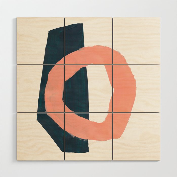 Mid Century Modern Abstract Minimalist Shapes Teal Blue Salmon Pink Wood Wall Art Gallery Image 1