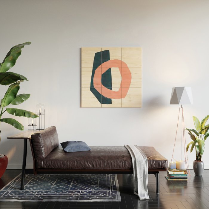 Mid Century Modern Abstract Minimalist Shapes Teal Blue Salmon Pink Wood Wall Art Gallery Image 2