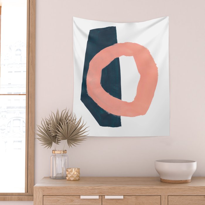 Mid Century Modern Abstract Minimalist Shapes Teal Blue Salmon Pink Wall Tapestry Gallery Image 2