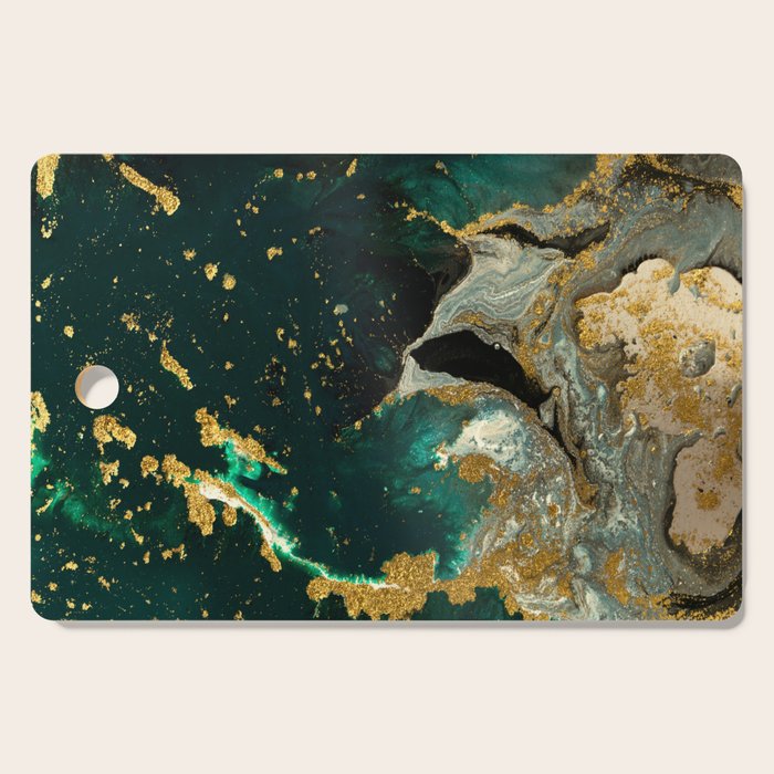Abstract Pour Painting Liquid Marble Abstract Dark Green Painting Gold Accent Agate Stone Layers Cutting Board Gallery Image 1