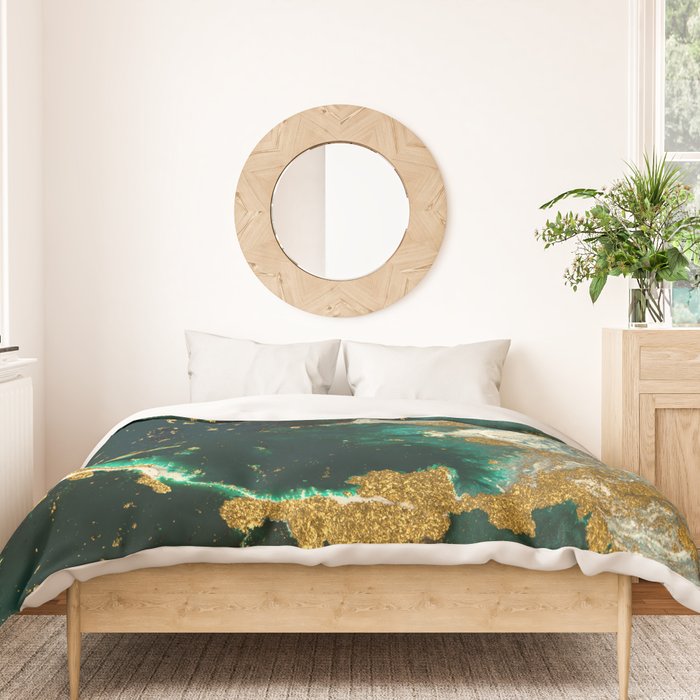 Abstract Pour Painting Liquid Marble Abstract Dark Green Painting Gold Accent Agate Stone Layers Duvet Cover Gallery Image 3