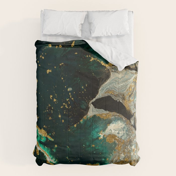 Abstract Pour Painting Liquid Marble Abstract Dark Green Painting Gold Accent Agate Stone Layers Comforter Gallery Image 1