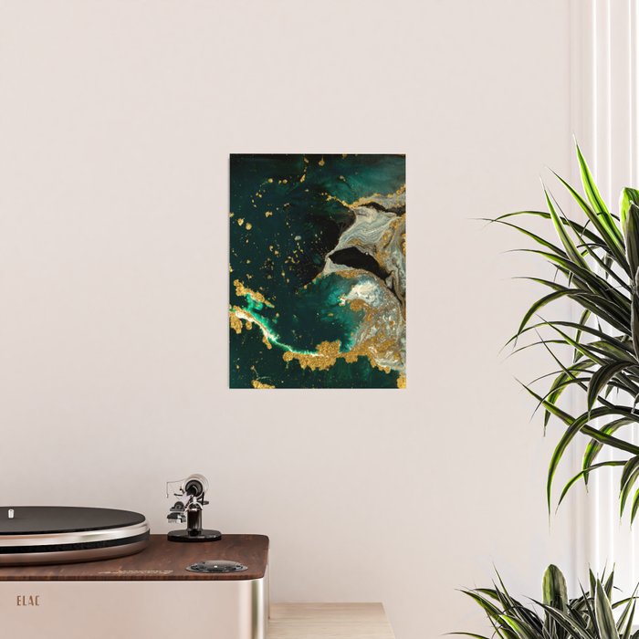 Abstract Pour Painting Liquid Marble Abstract Dark Green Painting Gold Accent Agate Stone Layers Poster Gallery Image 2