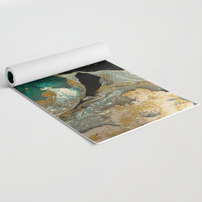 Abstract Pour Painting Liquid Marble Abstract Dark Green Painting Gold Accent Agate Stone Layers Yoga Mat Gallery Image 2