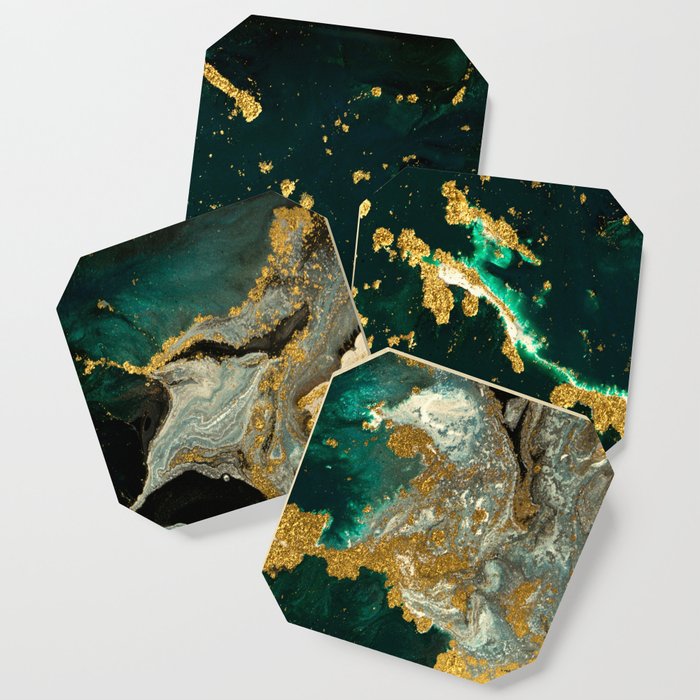 Abstract Pour Painting Liquid Marble Abstract Dark Green Painting Gold Accent Agate Stone Layers Coaster Gallery Image 1