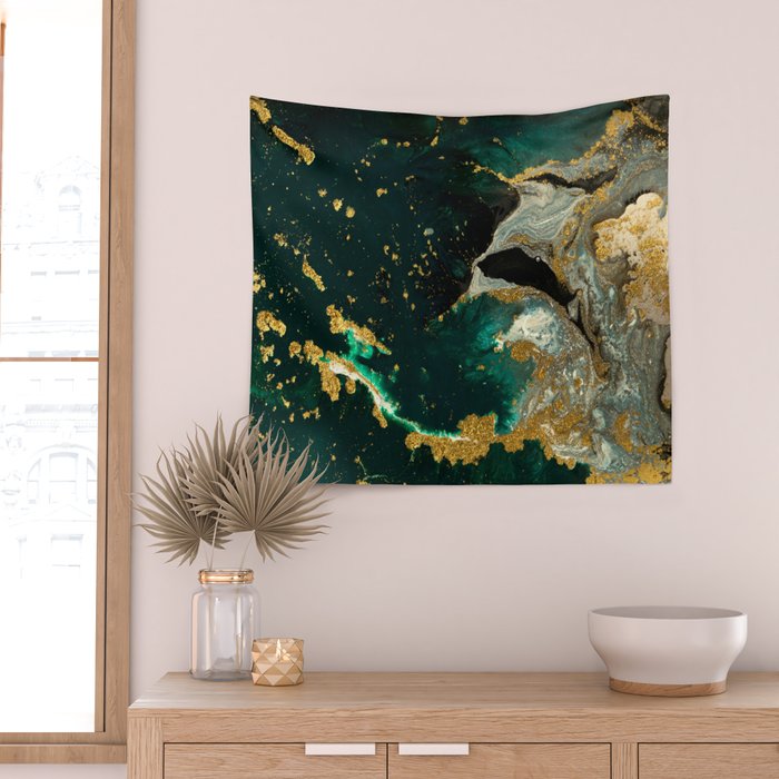 Abstract Pour Painting Liquid Marble Abstract Dark Green Painting Gold Accent Agate Stone Layers Wall Tapestry Gallery Image 2