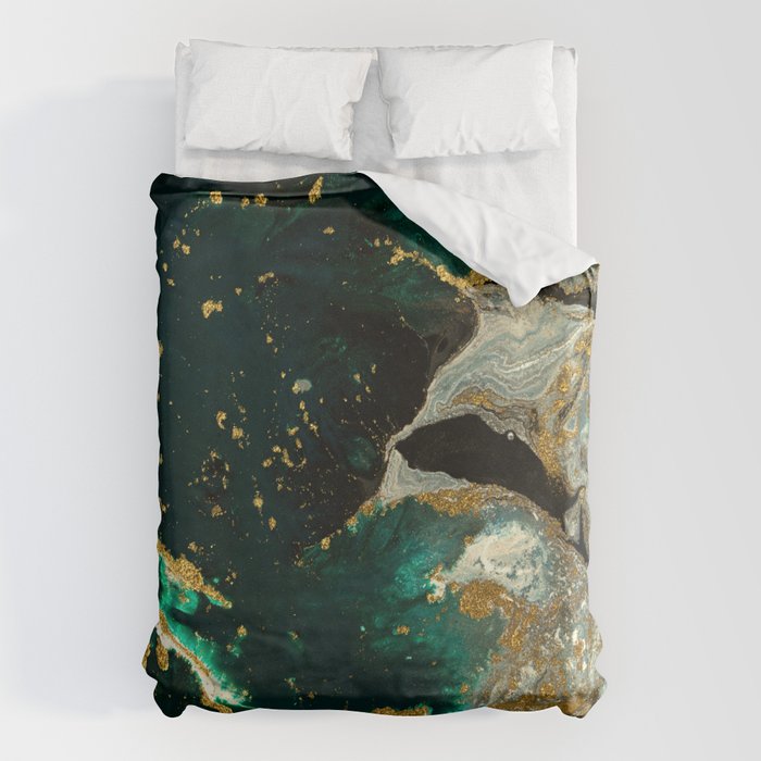 Abstract Pour Painting Liquid Marble Abstract Dark Green Painting Gold Accent Agate Stone Layers Duvet Cover Gallery Image 6