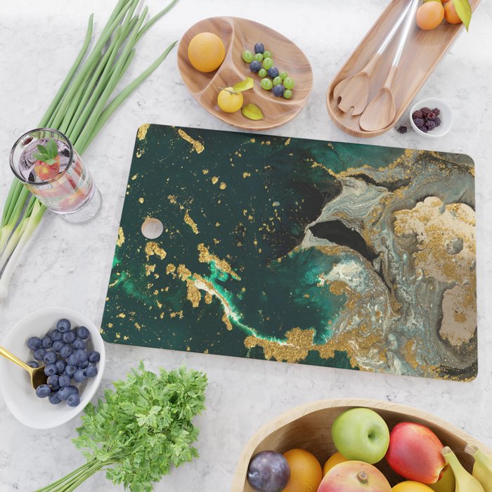 Abstract Pour Painting Liquid Marble Abstract Dark Green Painting Gold Accent Agate Stone Layers Cutting Board Gallery Image 2