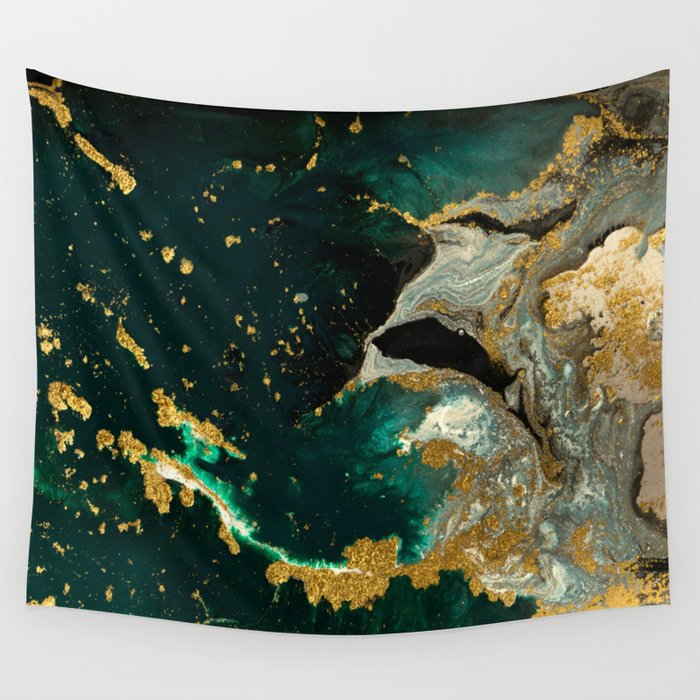 Abstract Pour Painting Liquid Marble Abstract Dark Green Painting Gold Accent Agate Stone Layers Wall Tapestry Gallery Image 4