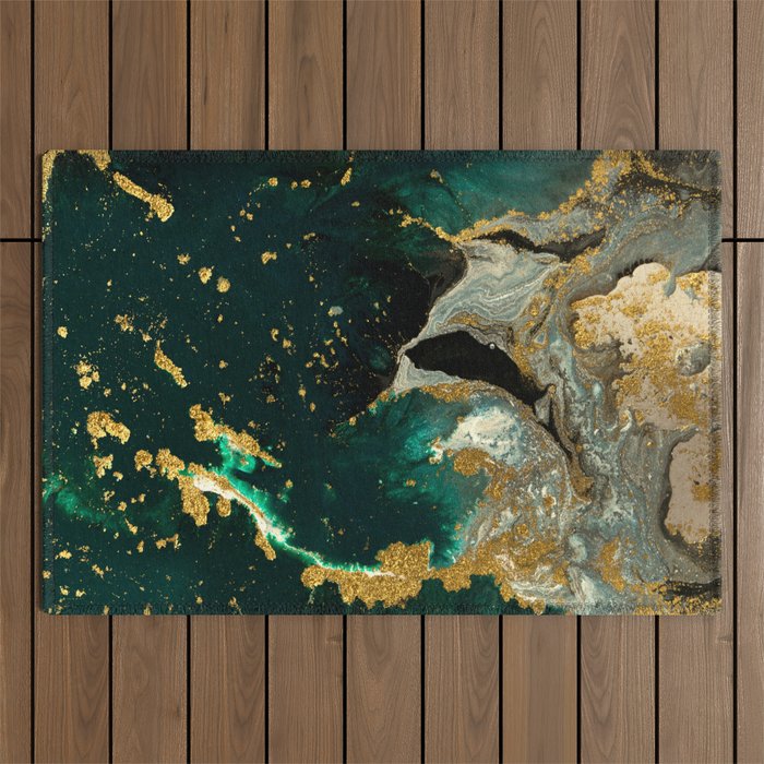 Abstract Pour Painting Liquid Marble Abstract Dark Green Painting Gold Accent Agate Stone Layers Outdoor Rug Gallery Image 1