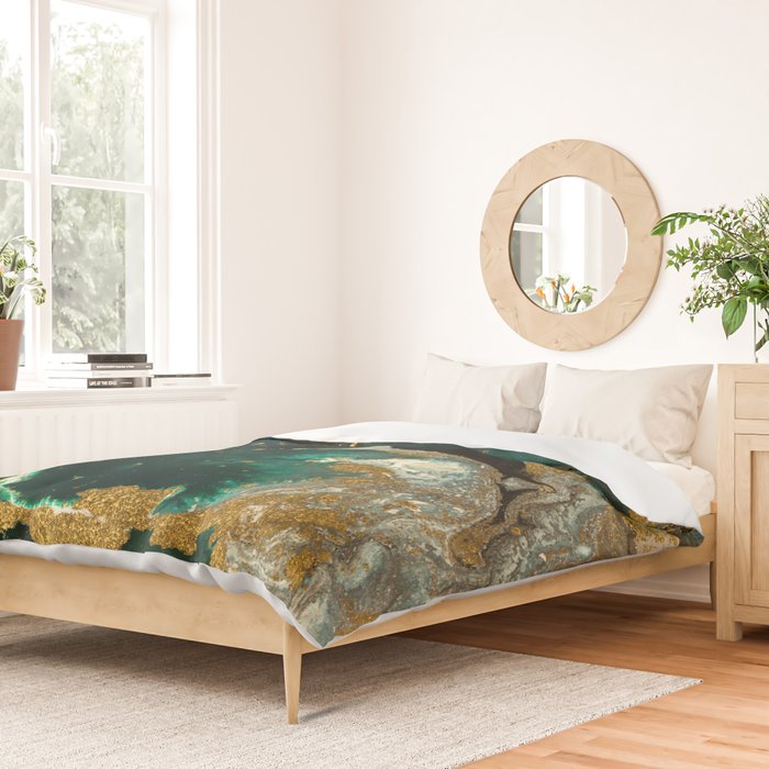 Abstract Pour Painting Liquid Marble Abstract Dark Green Painting Gold Accent Agate Stone Layers Duvet Cover Gallery Image 2
