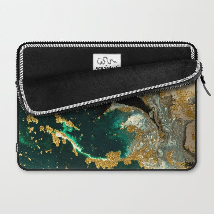 Abstract Pour Painting Liquid Marble Abstract Dark Green Painting Gold Accent Agate Stone Layers Laptop Sleeve Gallery Image 2
