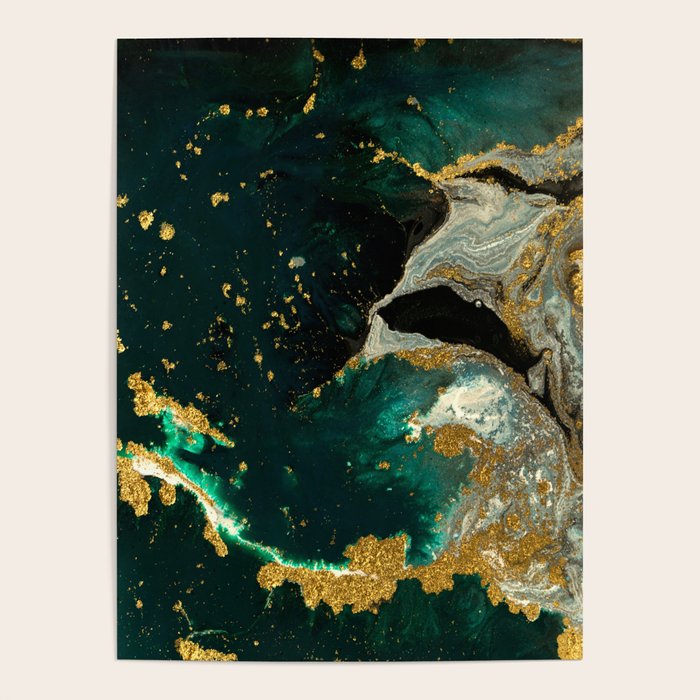 Abstract Pour Painting Liquid Marble Abstract Dark Green Painting Gold Accent Agate Stone Layers Poster Gallery Image 4