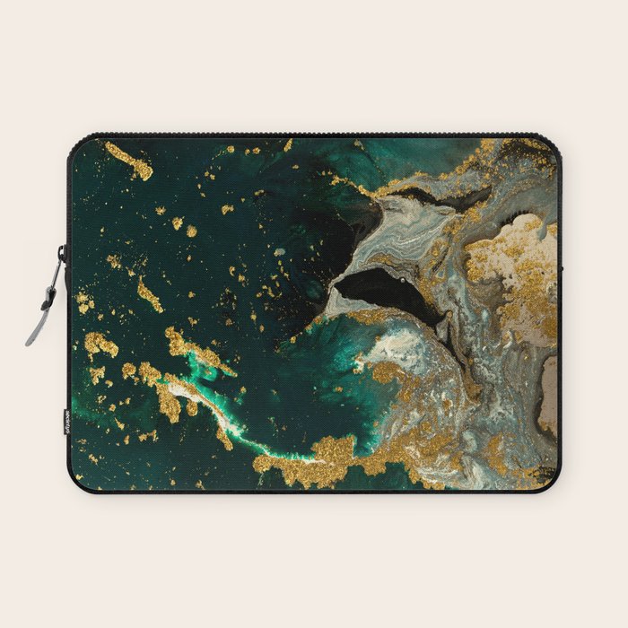 Abstract Pour Painting Liquid Marble Abstract Dark Green Painting Gold Accent Agate Stone Layers Laptop Sleeve Gallery Image 1