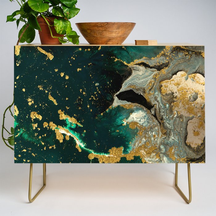 Abstract Pour Painting Liquid Marble Abstract Dark Green Painting Gold Accent Agate Stone Layers Credenza Gallery Image 1
