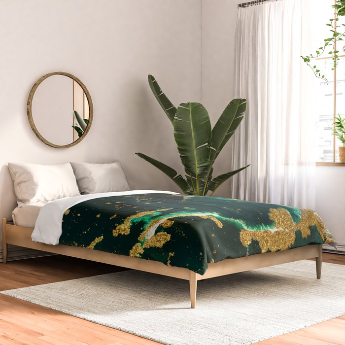 Abstract Pour Painting Liquid Marble Abstract Dark Green Painting Gold Accent Agate Stone Layers Comforter Gallery Image 2