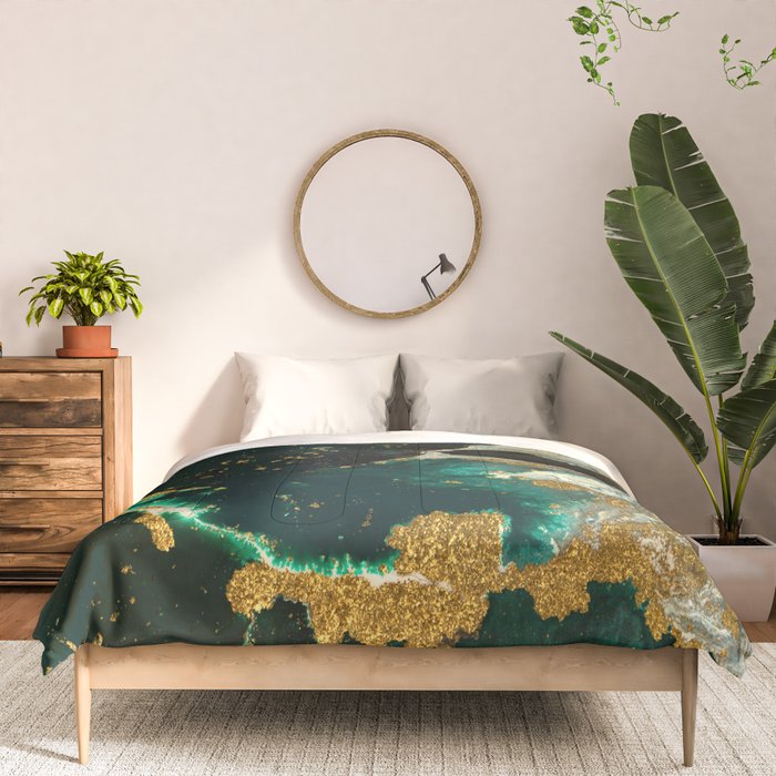 Abstract Pour Painting Liquid Marble Abstract Dark Green Painting Gold Accent Agate Stone Layers Comforter Gallery Image 3