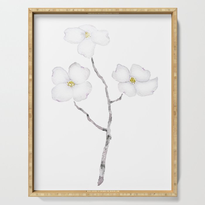 white dogwood flower watercolor Serving Tray Gallery Image 1