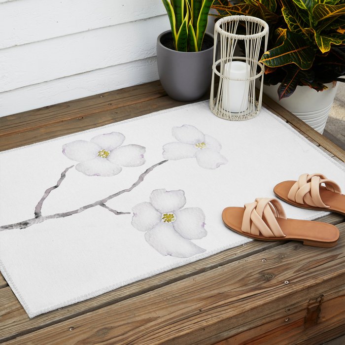 white dogwood flower watercolor Outdoor Rug Gallery Image 2