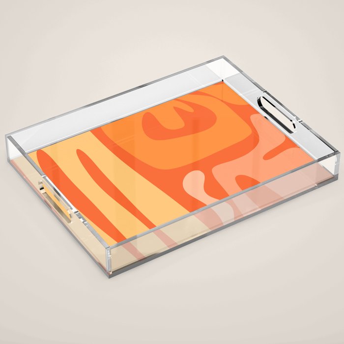 Mid Century Modern Kwaito Abstract Pattern in Tangerine Orange Yellow Acrylic Tray Gallery Image 1