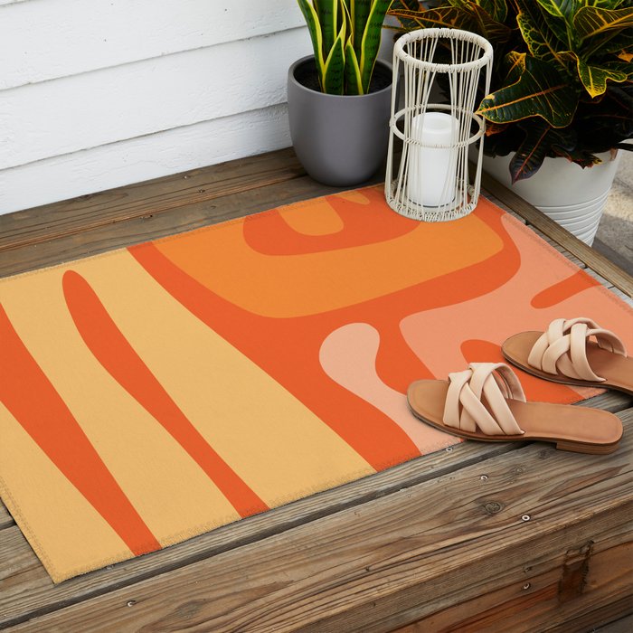Mid Century Modern Kwaito Abstract Pattern in Tangerine Orange Yellow Outdoor Rug Gallery Image 2