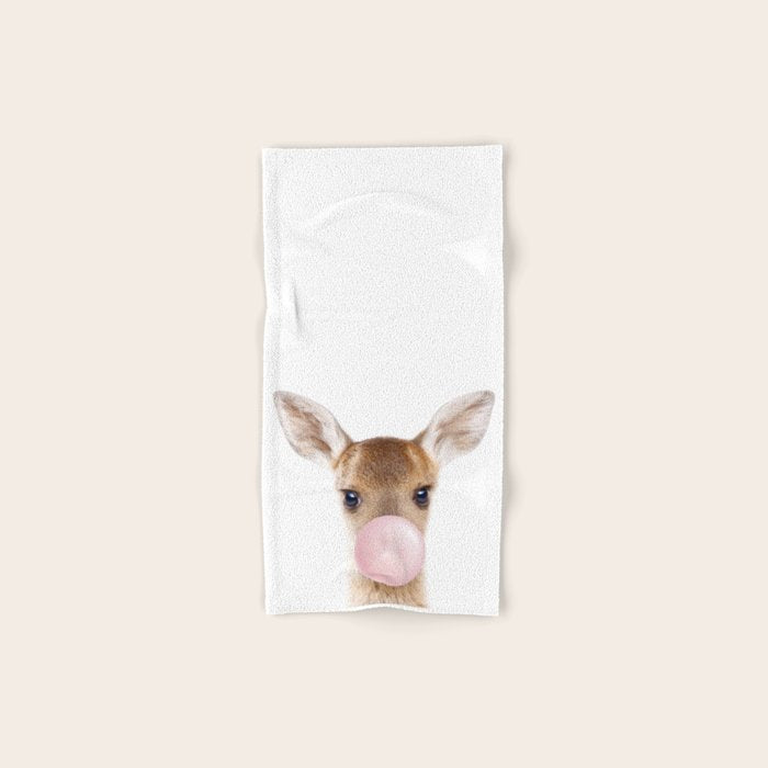 Baby Deer Blowing Bubble Gum, Pink Nursery, Baby Animals Art Print by Synplus Bath Towel Gallery Image 1