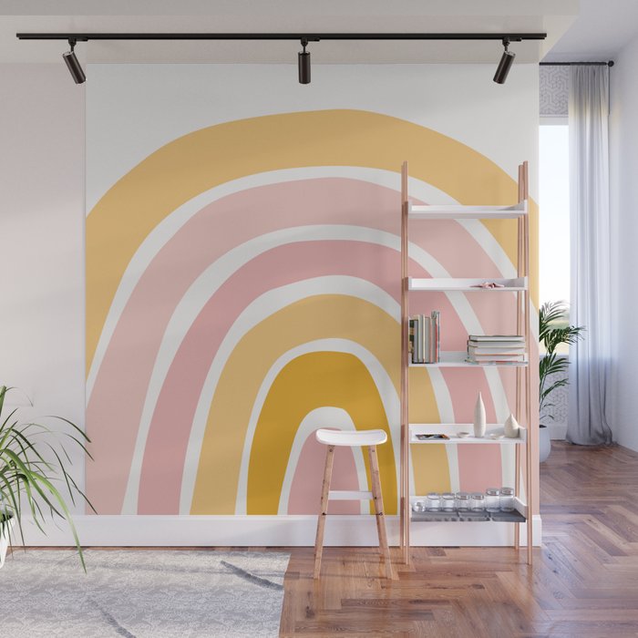 Abstract Shapes 94 in Mustard Yellow and Pale Pink (Rainbow Abstraction) Wall Mural Gallery Image 1