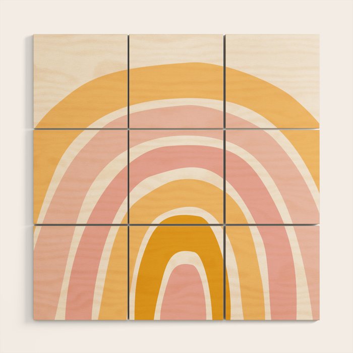 Abstract Shapes 94 in Mustard Yellow and Pale Pink (Rainbow Abstraction) Wood Wall Art Gallery Image 1