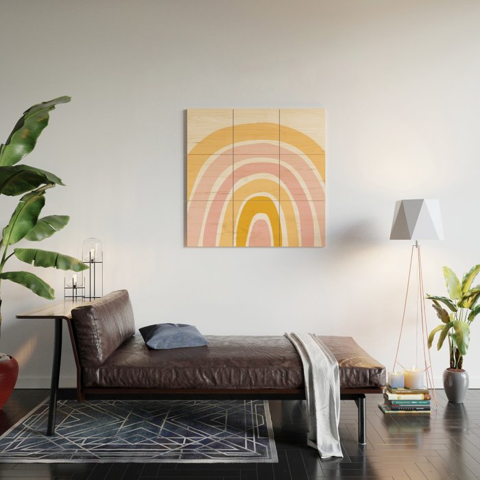 Abstract Shapes 94 in Mustard Yellow and Pale Pink (Rainbow Abstraction) Wood Wall Art Gallery Image 2