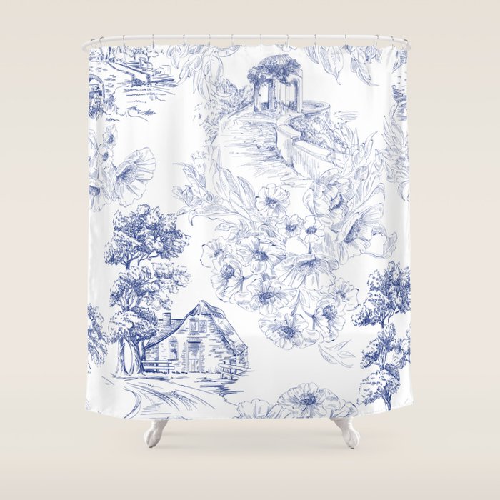 Toile de Jouy Vintage French Navy Blue White Pastoral Floral Pattern Shower Curtain Gallery Image 1