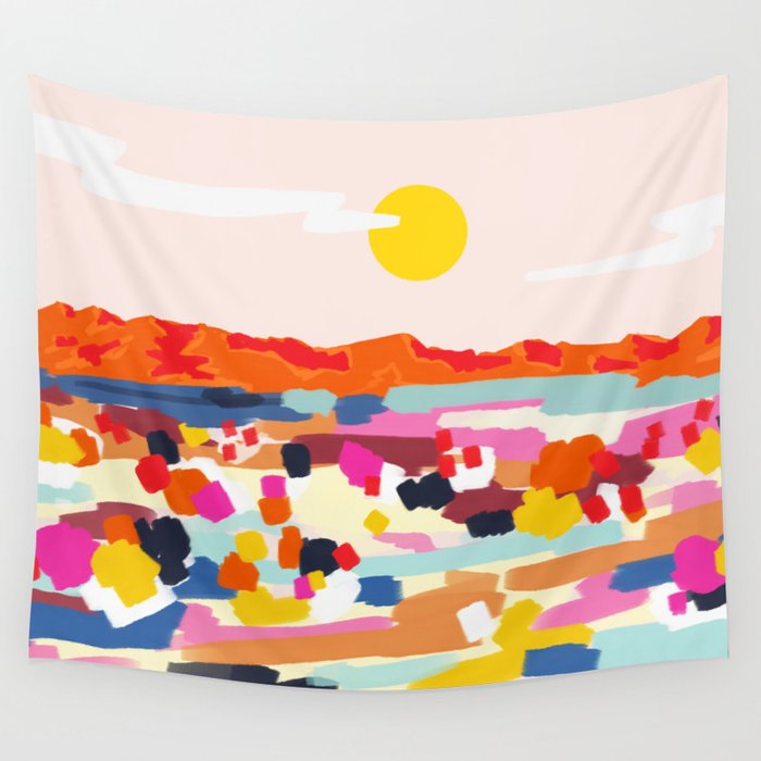 Romantic Landscape, Nature Travel Sunset Painting, Brush Strokes Vivid Colorful Eclectic, Bohemian Sky Mountain Adventure Positivity Mindset Wall Tapestry Gallery Image 4
