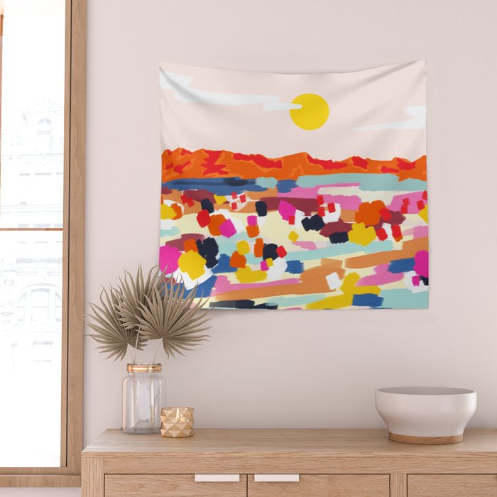 Romantic Landscape, Nature Travel Sunset Painting, Brush Strokes Vivid Colorful Eclectic, Bohemian Sky Mountain Adventure Positivity Mindset Wall Tapestry Gallery Image 2