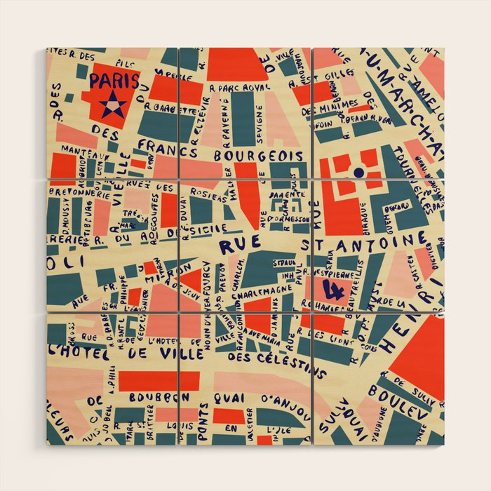 paris map blue Wood Wall Art Gallery Image 1