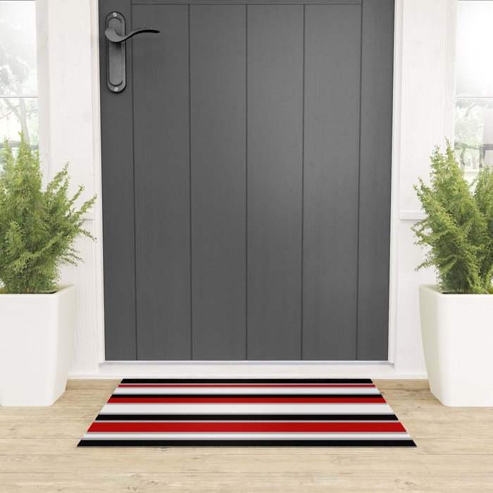 Modern Horizontal Stripes // Red, Gray, Black and White Welcome Mat Gallery Image 3