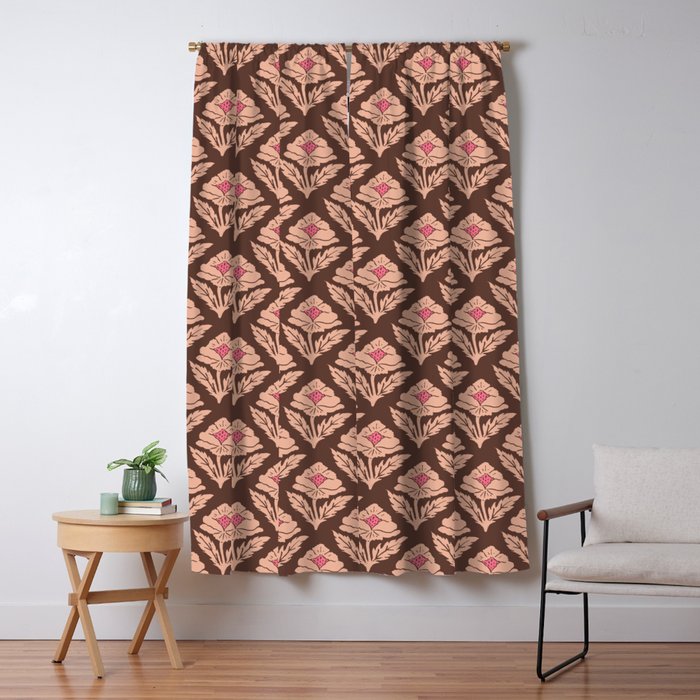 Heirloom Floral Block Print - Pink Brown Window Curtain Gallery Image 1