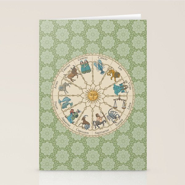 Vintage Astrology Zodiac Wheel Green Stationery Card Gallery Image 2