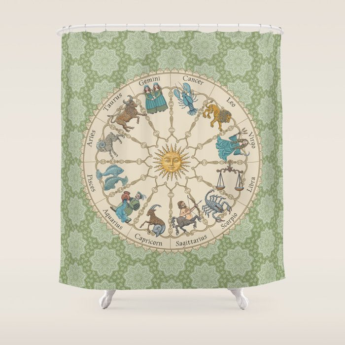 Vintage Astrology Zodiac Wheel Green Shower Curtain Gallery Image 1