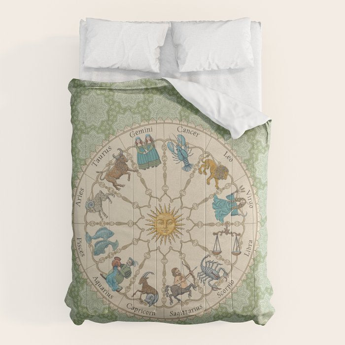 Vintage Astrology Zodiac Wheel Green Comforter Gallery Image 6