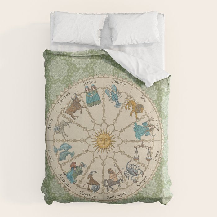 Vintage Astrology Zodiac Wheel Green Duvet Cover