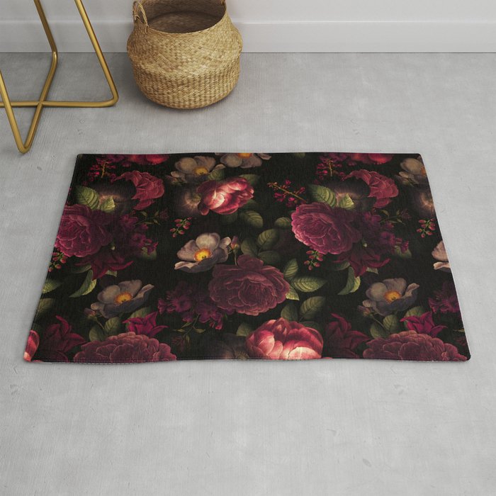Midnight Vintage Shiny Botanical Rose Garden Rug Gallery Image 1