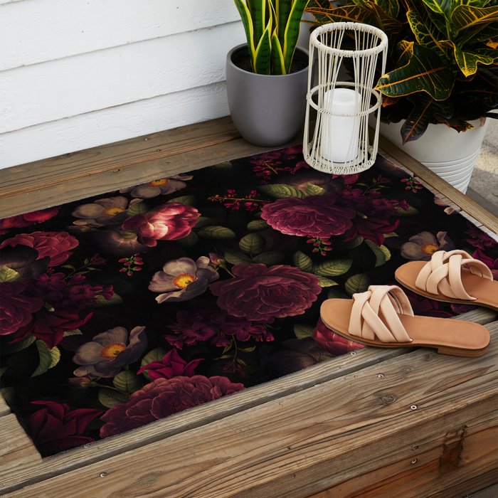 Midnight Vintage Shiny Botanical Rose Garden Outdoor Rug Gallery Image 2