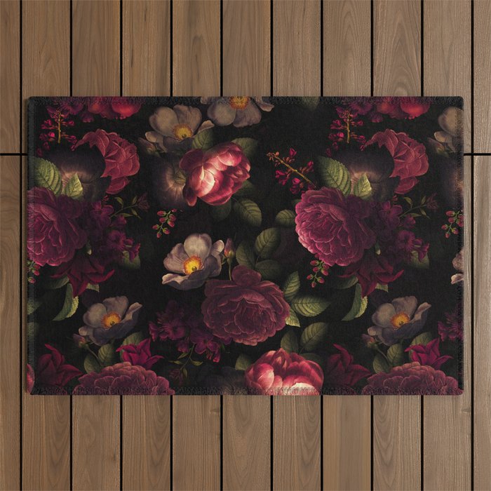 Midnight Vintage Shiny Botanical Rose Garden Outdoor Rug Gallery Image 1