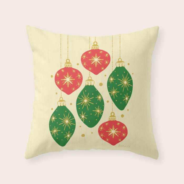 Vintage Christmas Ornaments Baubles Red Green Throw Pillow Gallery Image 1