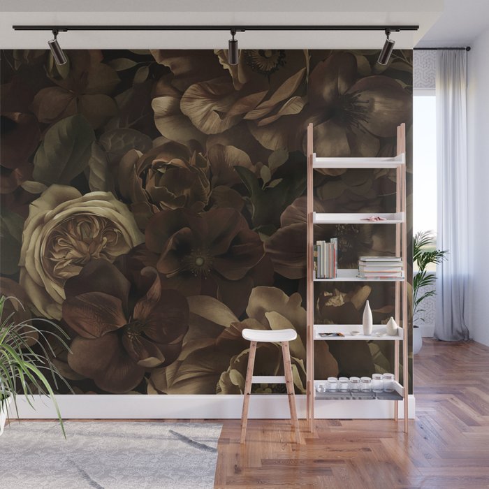Moody Flower Garden Baroque Opulence Brown Wall Mural Gallery Image 1