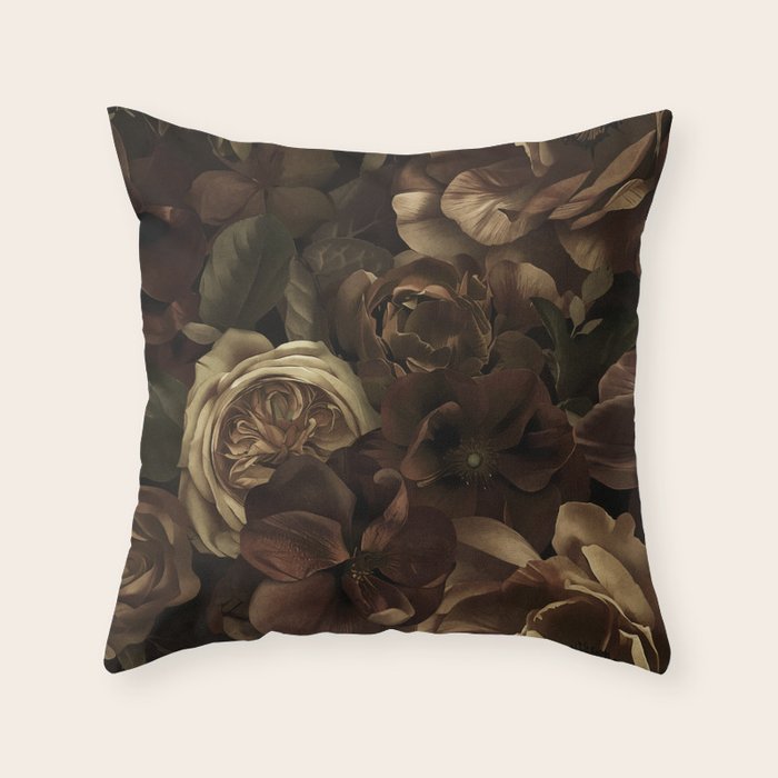 Moody Flower Garden Baroque Opulence Brown Throw Pillow Gallery Image 1