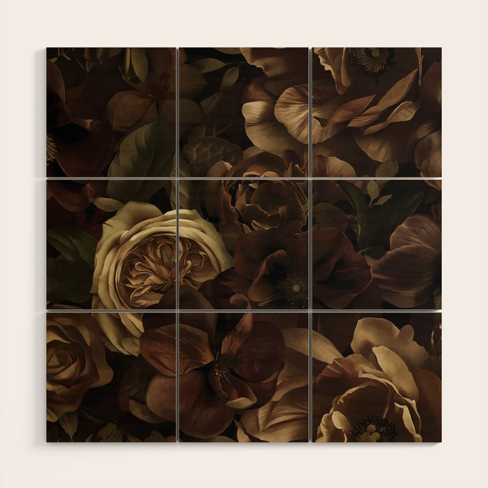 Moody Flower Garden Baroque Opulence Brown Wood Wall Art Gallery Image 1