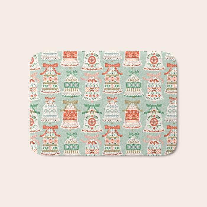 Folk Art Holiday Bells - Light Green Bath Mat Gallery Image 1