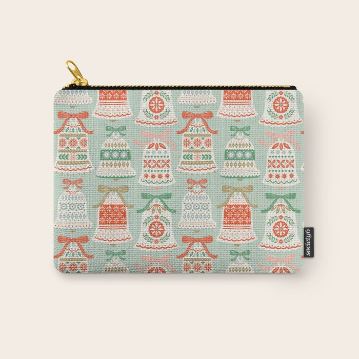 Folk Art Holiday Bells - Light Green Carry All Pouch Gallery Image 1